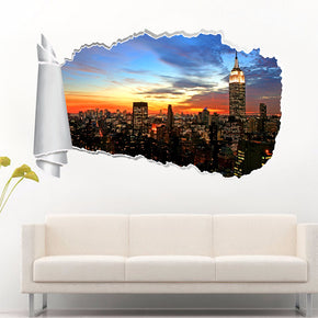 New York Skyline Sunset 3D Torn Paper Hole Ripped Effect Decal Wall Sticker