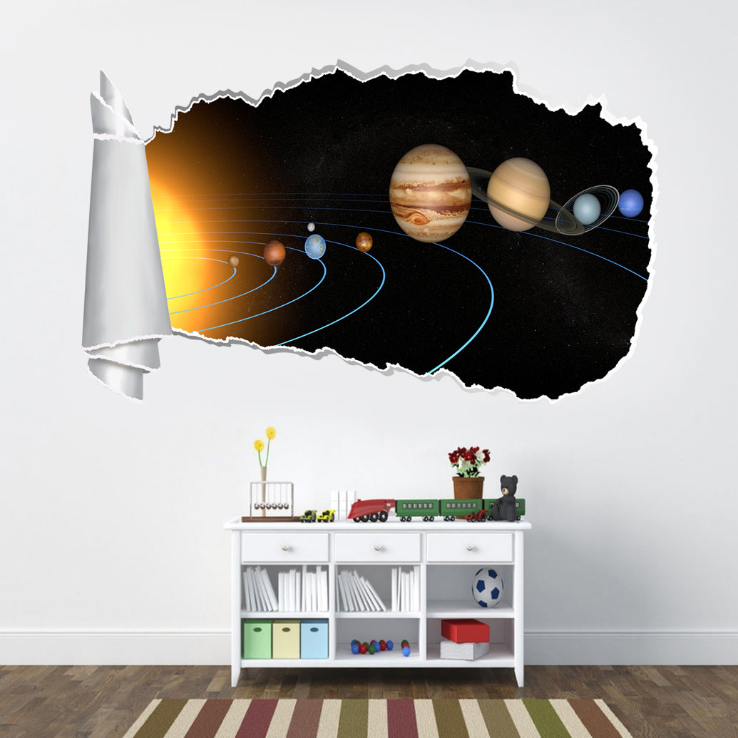 Solar System Planets Space 3D Torn Paper Hole Ripped Effect Decal Wall Sticker