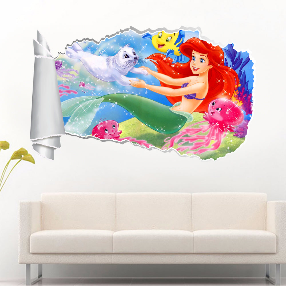 Petite sirène 3D trou de papier déchiré autocollant mural effet déchiré WT72
