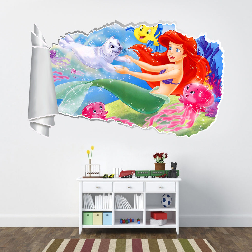 Petite sirène 3D trou de papier déchiré autocollant mural effet déchiré WT72