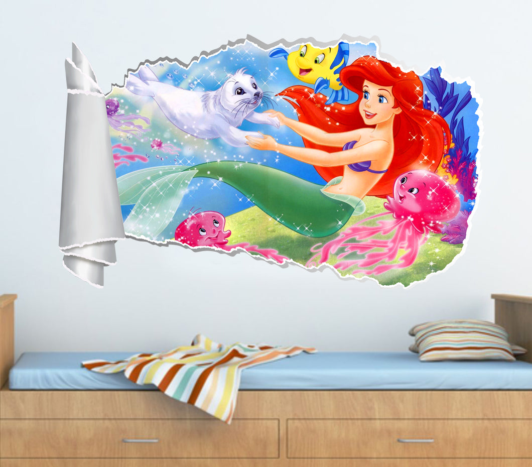 Petite sirène 3D trou de papier déchiré autocollant mural effet déchiré WT72
