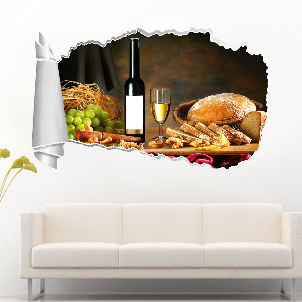 Vin blanc dîner 3D trou de papier déchiré autocollant mural effet déchiré