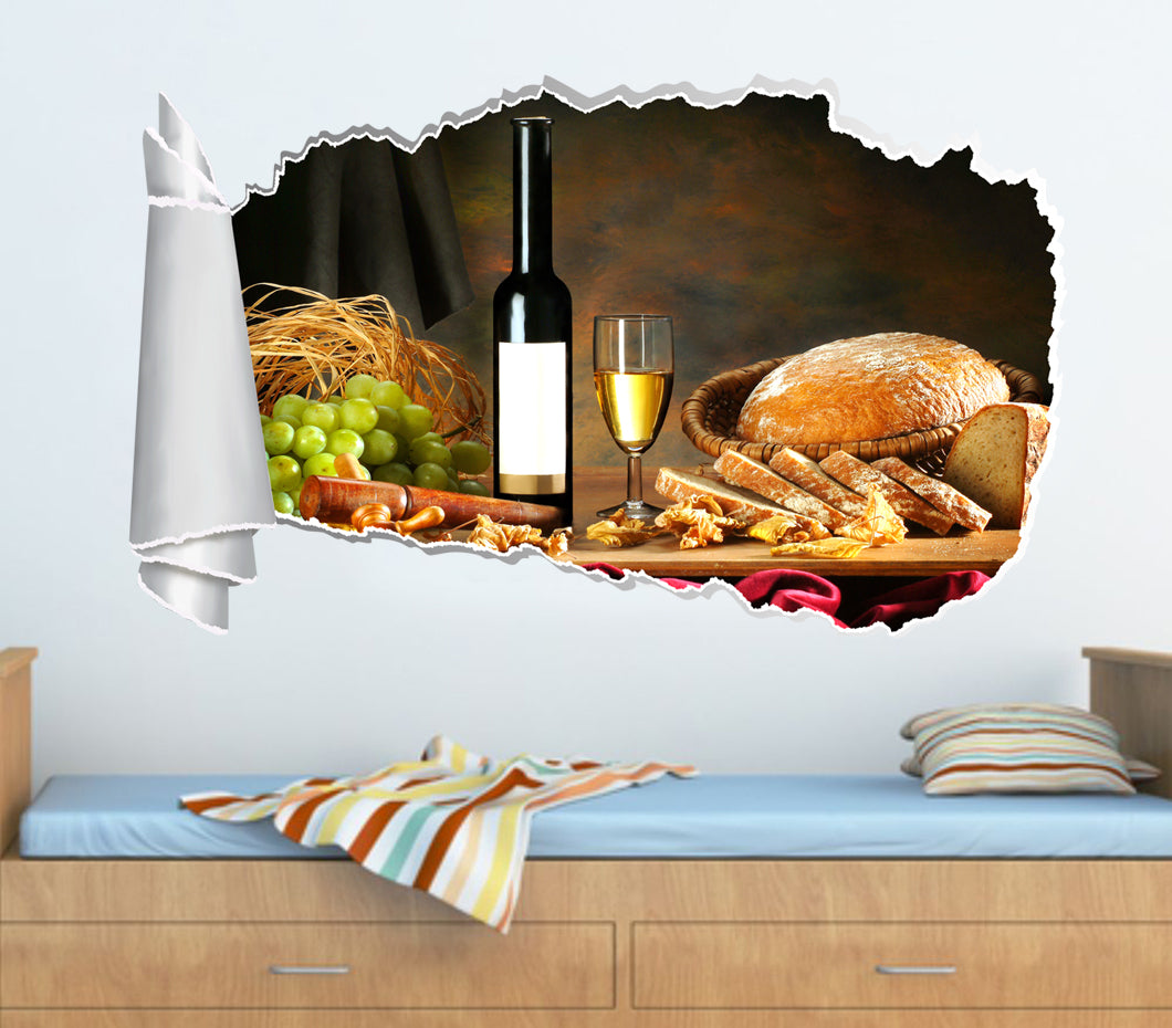 Vin blanc dîner 3D trou de papier déchiré autocollant mural effet déchiré