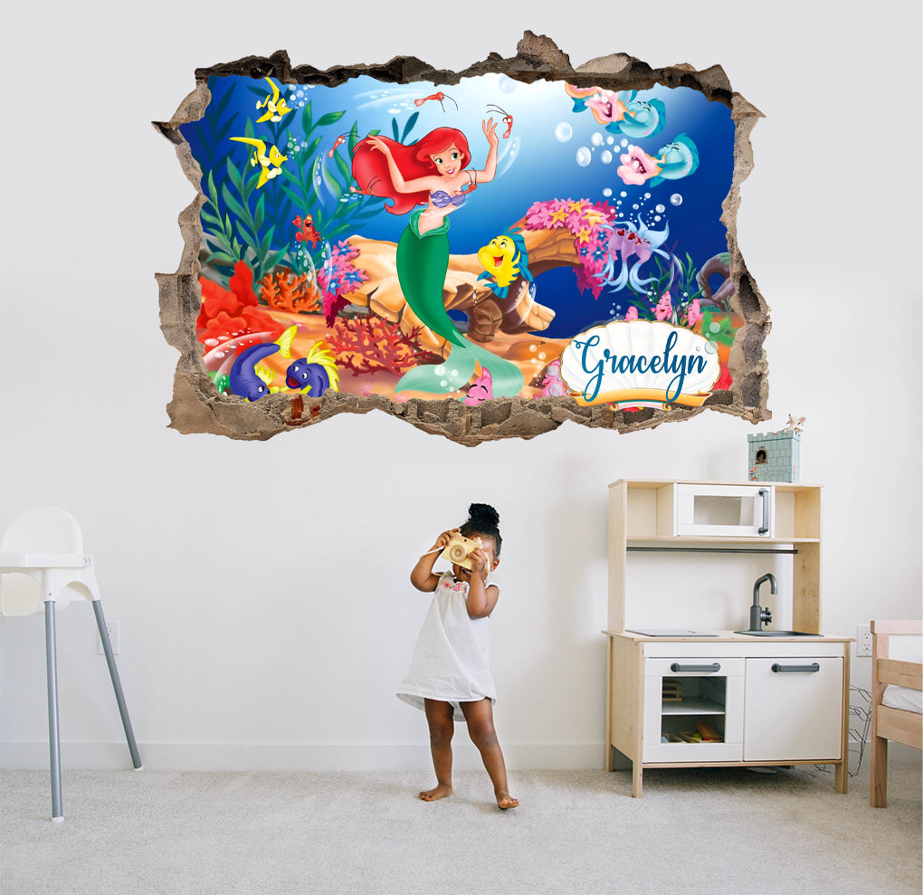 The Little Mermaid Disney Princess Personalized 3D Smashed Decal Wall Sticker WP271