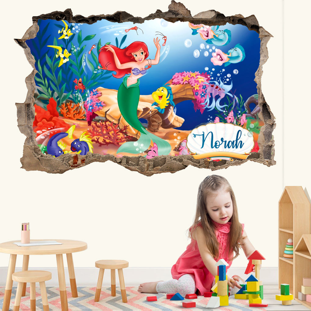 The Little Mermaid Disney Princess Personalized 3D Smashed Decal Wall Sticker WP271