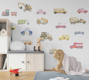 Cars and Trucks Wall Decals - Nursery Decor, Watercolor Wall Art Wall Stickers