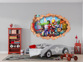 Spidey And His Amazing Friends Wall Sticker 3D Brick Wall Smashed Hole Effect Decal
