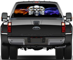 Chrome Skulls Fire Rear Window See-Through Net Decal