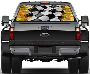 Flaming Checkered Flag Car Rear Window See-Through Net Decal