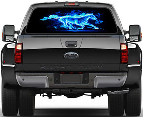 Blue Fire Horse Car Rear Window See-Through Net Decal