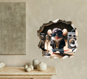 Rapper Mouse - Whimsical Mouse Hole Wall Decal Sticker - 3D Cute Home Decor Mural - Funny Hip-Hop Mouse Design 61