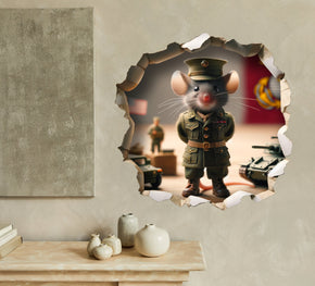 Mouse Soldier - Whimsical Mouse Hole Wall Decal Sticker - 3D Cute Home Decor Mural - Funny Military Mouse Design 77