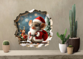 Mouse Santa - Whimsical Mouse Hole Wall Decal Sticker - 3D Cute Home Decor Mural - Funny Santa Claus Mouse Design 76