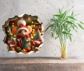 Christmas Mouse  - Whimsical Mouse Hole Wall Decal Sticker - 3D Cute Home Decor Mural - Funny Holiday Mouse Design 75