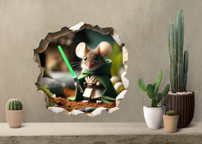 Mouse Jedi - Whimsical Mouse Hole Wall Decal Sticker - 3D Cute Home Decor Mural - Funny Space Jedi Mouse Design 72