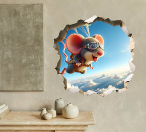 Mouse Skydiving - Whimsical Mouse Hole Wall Decal Sticker - 3D Cute Home Decor Mural - Funny Adventure Mouse Design 71
