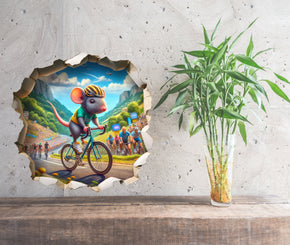 Mouse in Tour de France - Whimsical Mouse Hole Wall Decal Sticker - 3D Cute Home Decor Mural - Funny Cycling Mouse Design 66