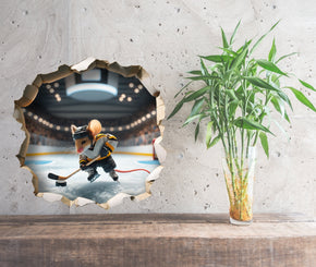 Mouse Playing Hockey - Whimsical Mouse Hole Wall Decal Sticker - 3D Cute Home Decor Mural - Funny Hockey Mouse Design 49