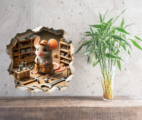 Mouse Handyman - Whimsical Mouse Hole Wall Decal Sticker - 3D Cute Home Decor Mural - Funny DIY Mouse Design