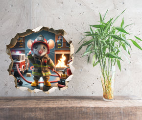 Mouse Firefighter - Whimsical Mouse Hole Wall Decal Sticker - 3D Cute Home Decor Mural - Funny Firefighter Mouse Design 42