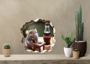 Mouse Drinking Soda - Whimsical Mouse Hole Wall Decal Sticker - 3D Cute Home Decor Mural - Funny Soda Mouse Design