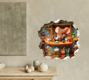 Mouse Bartender Making Cocktails - Whimsical Mouse Hole Wall Decal Sticker - 3D Cute Home Decor Mural - Funny Bar Mouse Design 33