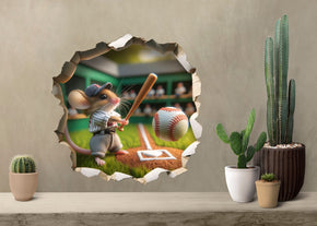 Baseball Player Mouse - Whimsical Mouse Hole Wall Decal Sticker - 3D Cute Home Decor Mural - Funny Sports Mouse Design 25