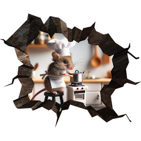 Mouse Cooking - Whimsical Mouse Hole Wall Decal Sticker - 3D Cute Home Decor Art Mural - Funny Chef Mouse Design 11
