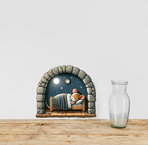 Mouse Sleeping In His Bed, Inside His Mouse Tunnel - Wall Decal Sticker Home Decor Mural - 3D Mouse Hole Design Cute Funny Gift