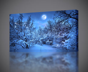 Arbres de forêt neigeux Pleine Lune Toile Imprimer Giclee