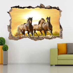 Chevaux en cours d'exécution coucher de soleil 3D cassé cassé autocollant mural autocollant H156