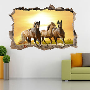 Horses Running Sunset 3D Smashed Broken Decal Wall Sticker H156