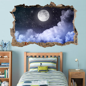 Full Moon Stary Night 3D Smashed Broken Decal Wall Sticker H168