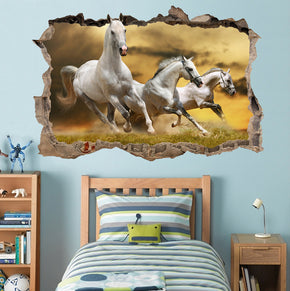 Galloping White Horses 3D Smashed Broken Decal Wall Sticker H169