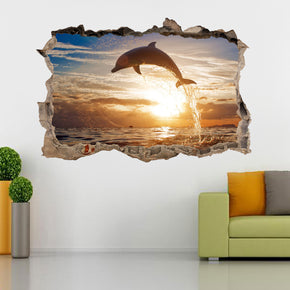 Dolphin Sunset 3D Smashed Broken Decal Wall Sticker H187