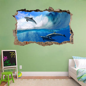 SURFING DOLPHINS 3D Smashed Broken Decal Wall Sticker