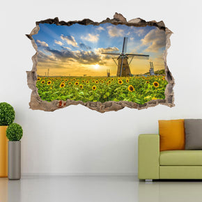 Sunflower Field Sunset 3D Smashed Broken Decal Wall Sticker