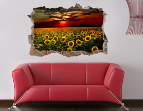 Sunflower Field Sunset 3D Smashed Broken Decal Wall Sticker