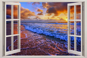 Autocollant mural de fenêtre 3D exotique coucher de soleil sur la plage H610