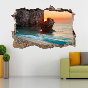 Beach Sunset 3D Smashed Broken Decal Wall Sticker