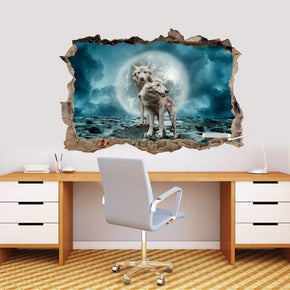 White Wolves Full Moon 3D Smashed Broken Decal Wall Sticker J1165