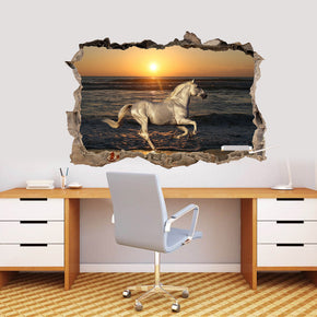 White Horse At Sea Sunset 3D Smashed Broken Decal Wall Sticker J1171