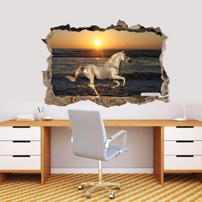 Cheval blanc en mer coucher de soleil 3D brisé cassé autocollant mural autocollant J1171