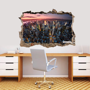 New York Skyline Cityscape Sunset 3D Smashed Broken Decal Wall Sticker J1174