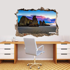 Exotic Beach Purple Sunset 3D Smashed Broken Decal Wall Sticker J1239