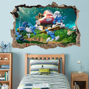 Smurfs 3D Smashed Bricks Broken Wall Illusion Decal Wall Sticker J135