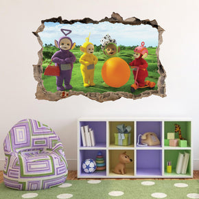 Teletubbies 3D Smashed Bricks Broken Wall Illusion Decal Wall Sticker J137