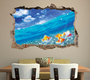 Gold Fish Sea 3D Smashed Broken Decal Wall Sticker J222