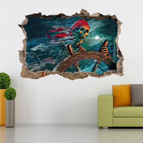 Skeleton Pirate Ship 3D Smashed Broken Wall Illusion Decal Wall Sticker J234