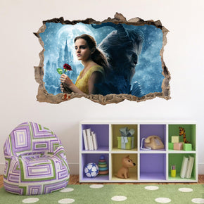 Beauty And The Beast Disney 3D Smashed Bricks Broken Wall Illusion Decal Wall Sticker J36
